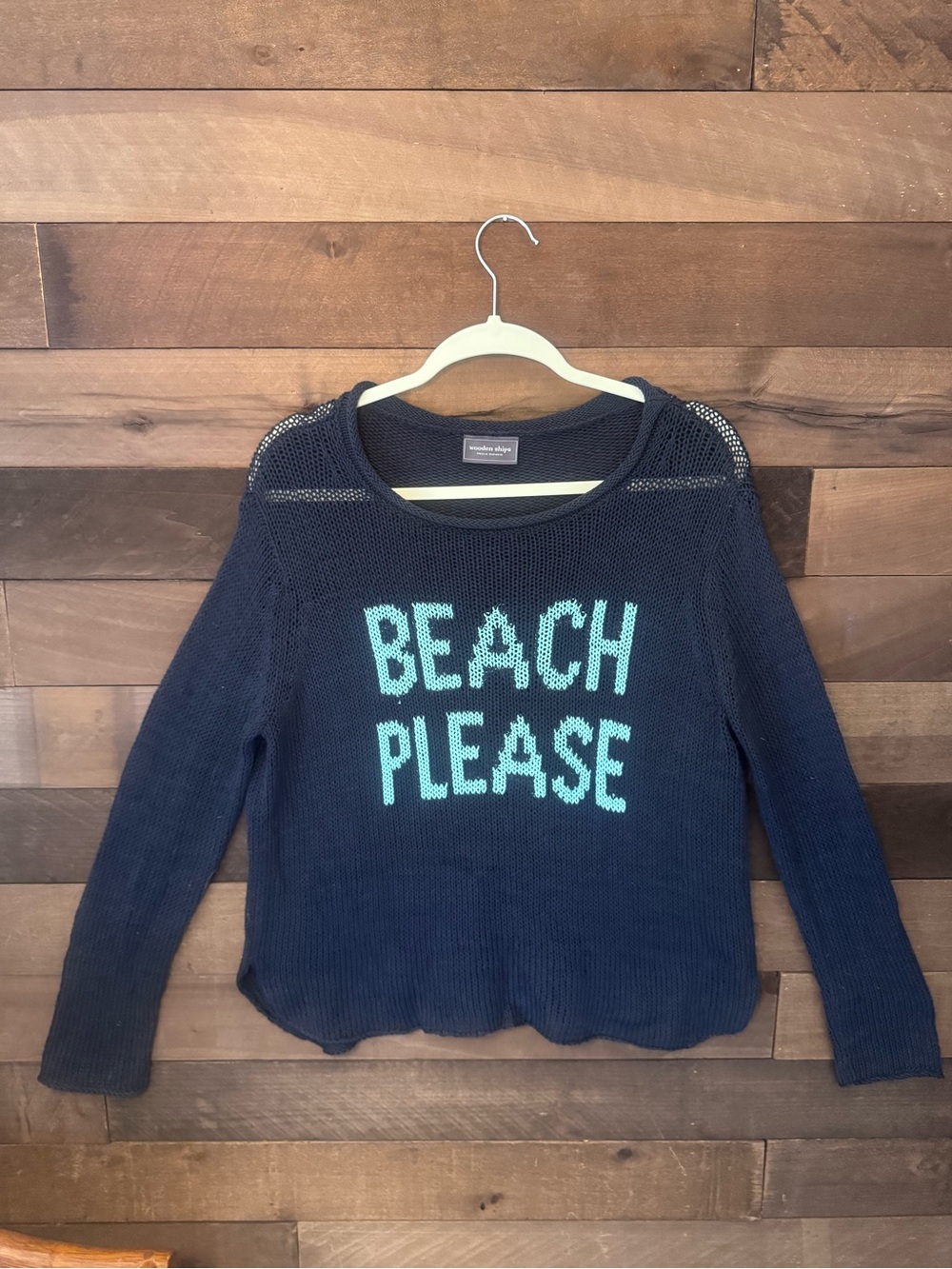 Wooden Ships Navy Knit Sweater with Aqua 'BEACH PLEASE' Graphic